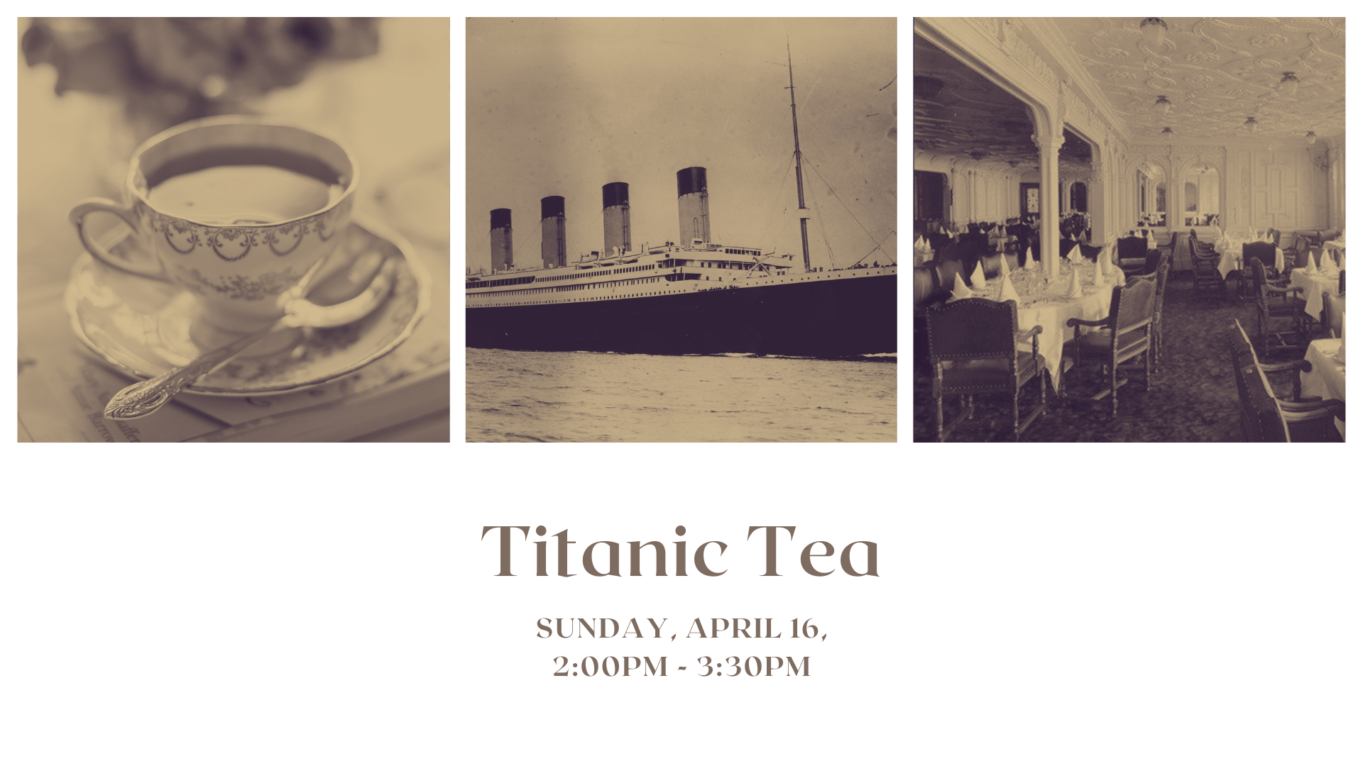 Vintage interior and exterior photos of the titanic and a photo of an old fashioned looking tea cup