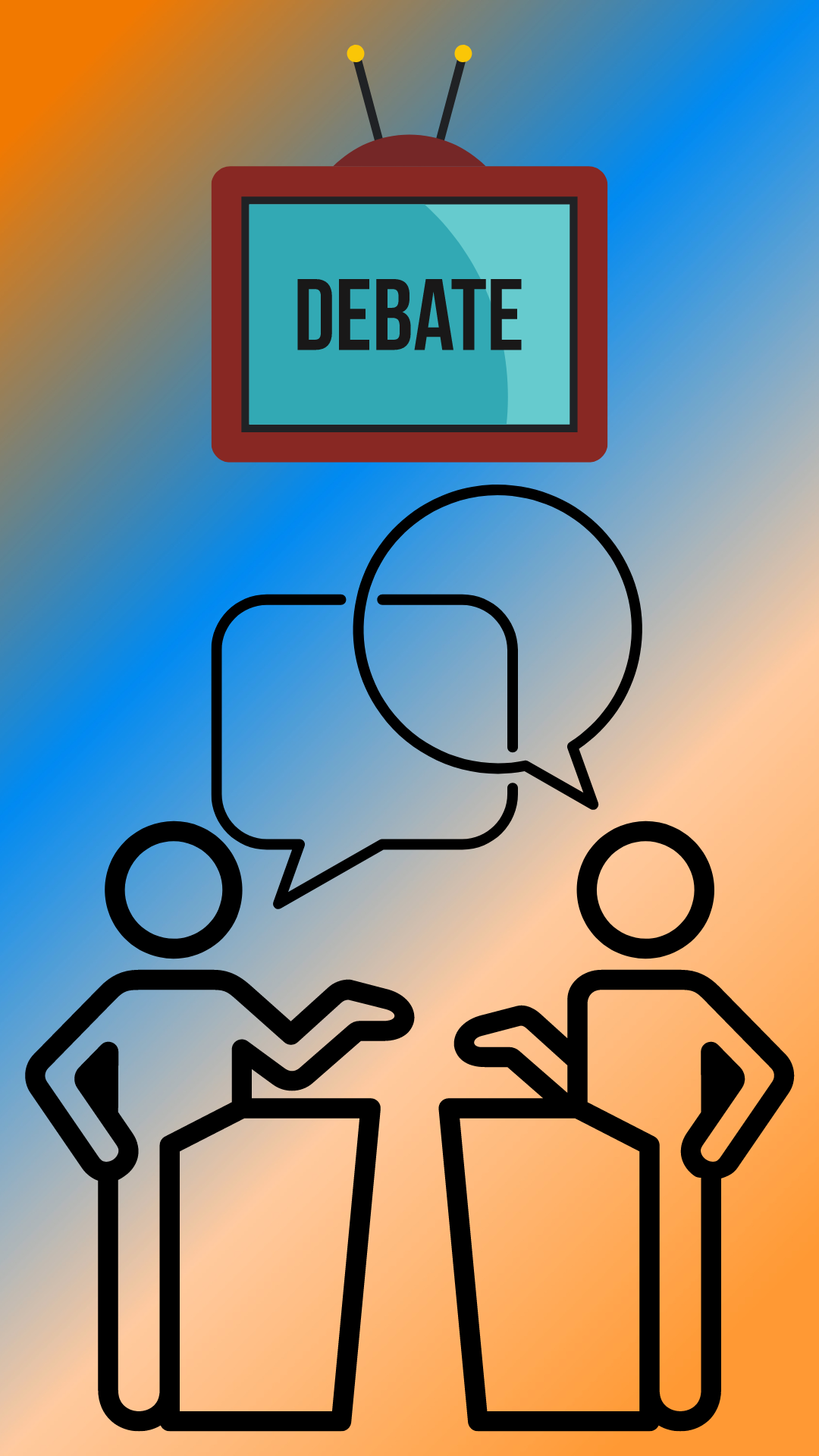 cartoon picture of two people with speech bubbles and debate sign up top