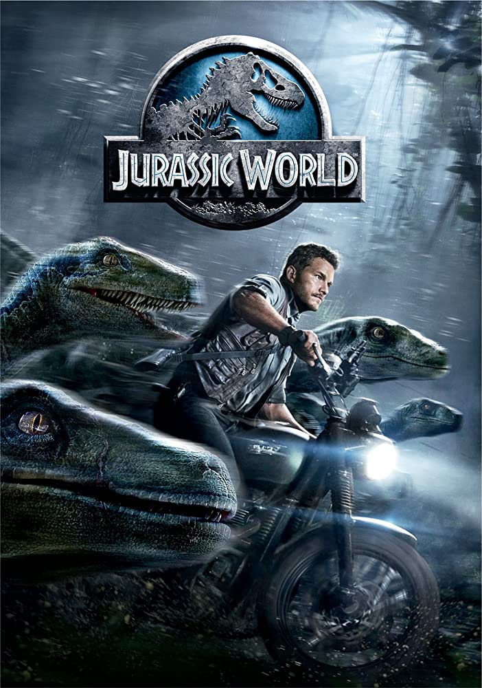 Chris Pratt riding motorcycle with dinosaurs and jurassic world logo