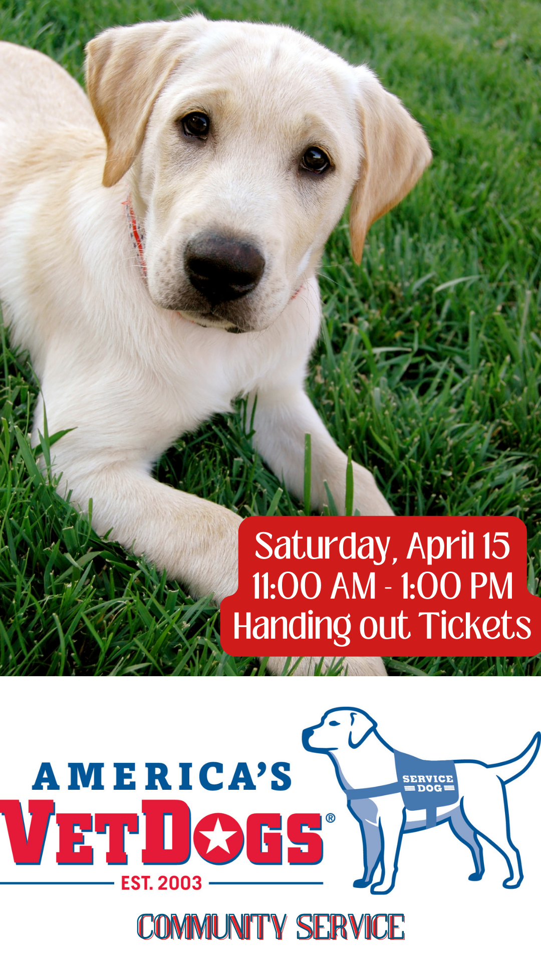 Yellow Golden Lab puppy with the America's VetDogs logo and event info