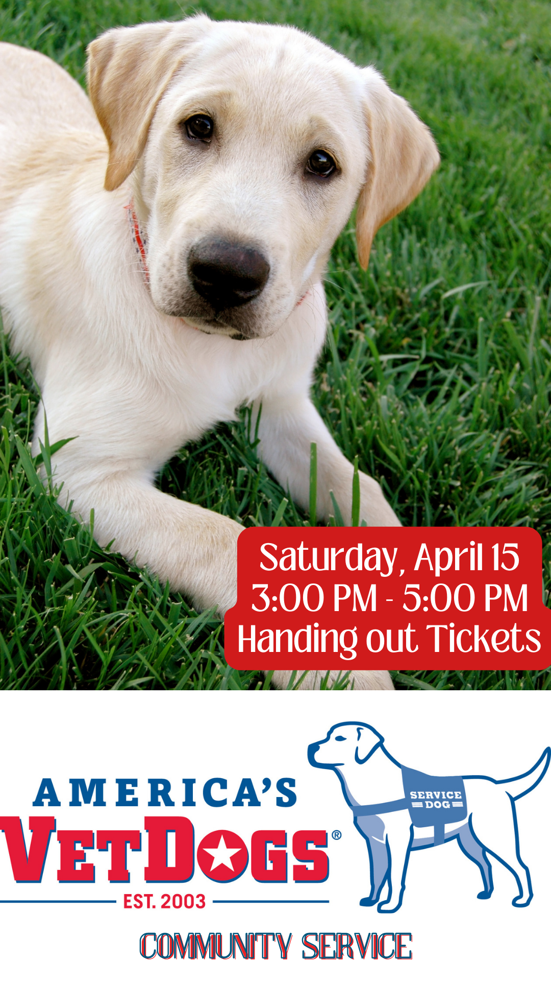 Yellow Golden Lab puppy with the America's VetDogs logo and event info