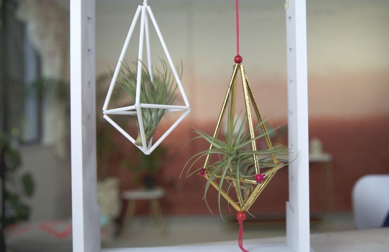 Two air plant hangers made of straws and twine, one white and one gold.