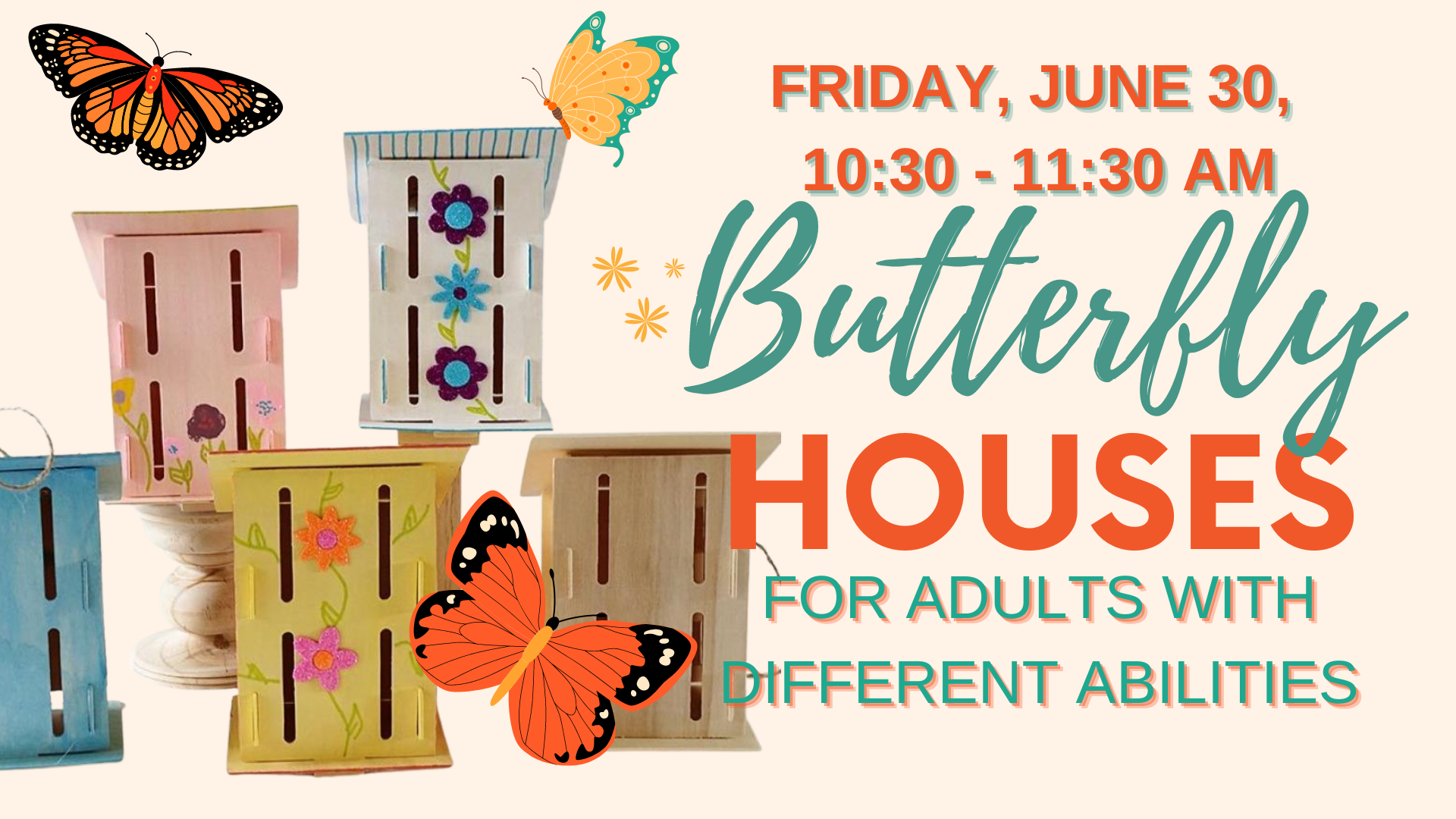 5 butterfly houses decorated colorfully