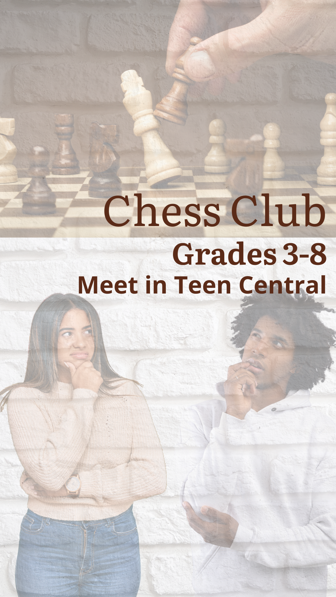 chess board with two teens thinking about their next chess move