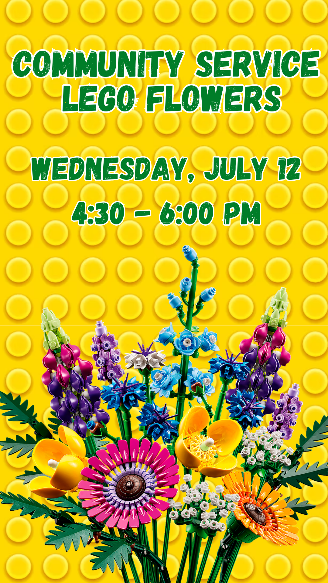 yellow lego background with lego bouquet and event details