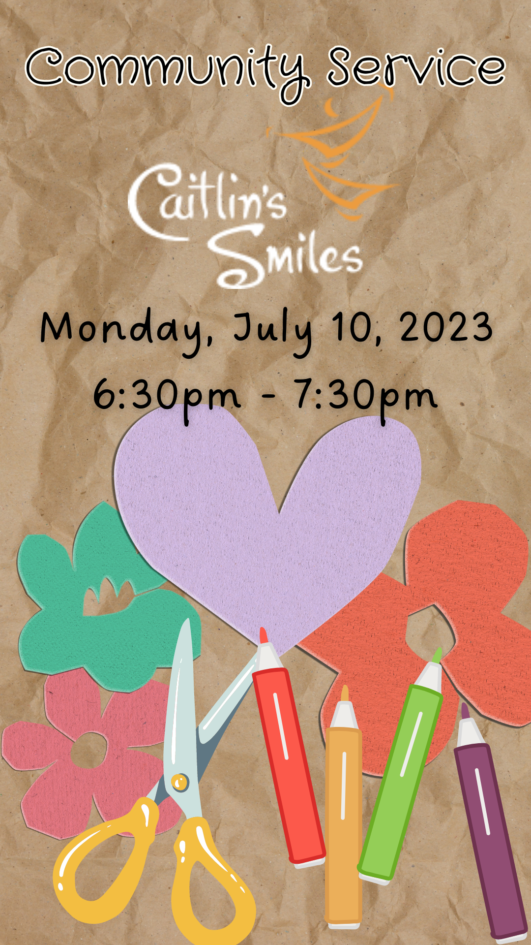 caitlin's smiles' logo with program info and scissors, markers, and crafts