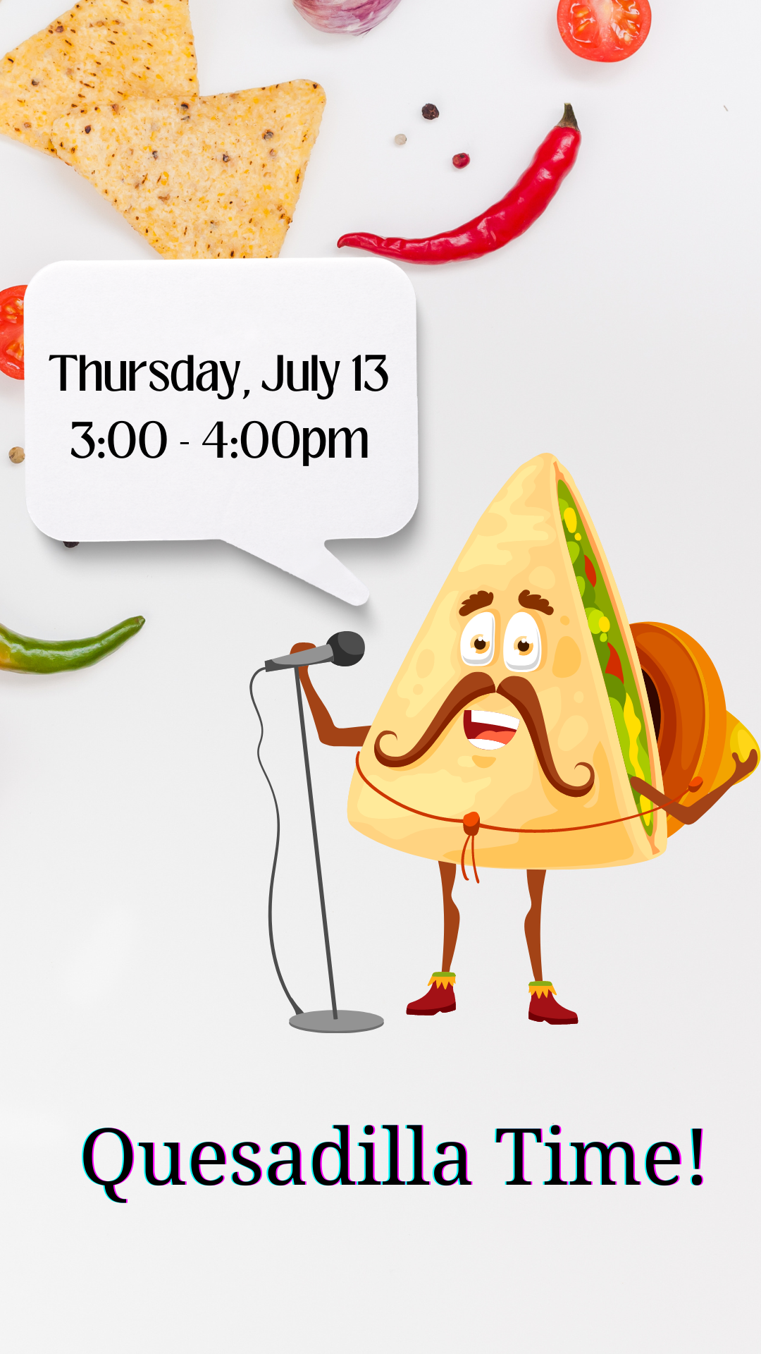 Program details with a mustached quesadilla talking into a microphone