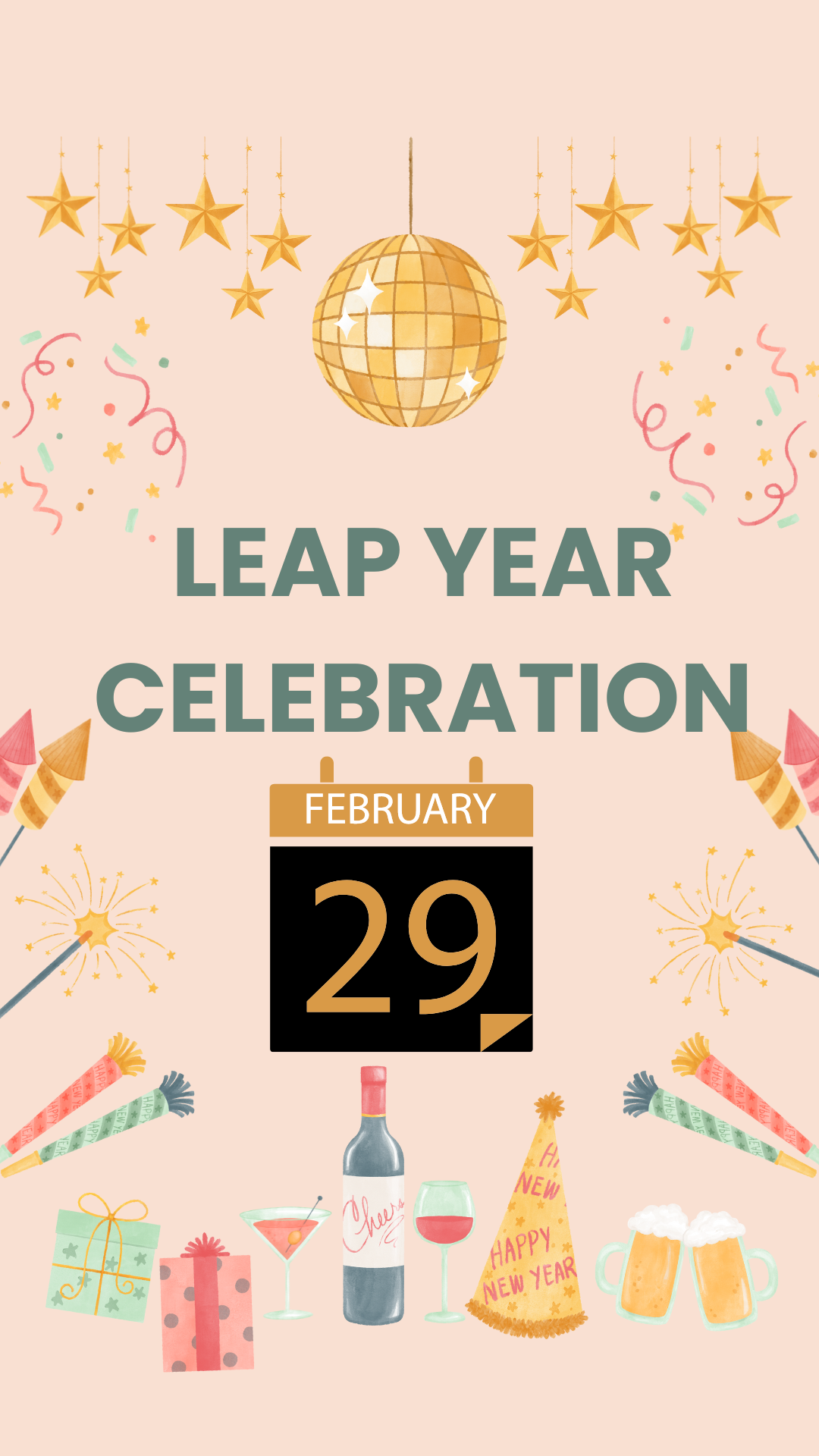 Salmon-colored background with images of party supplies and calendar date "29". Gray text reads "Leap Year Celebration".