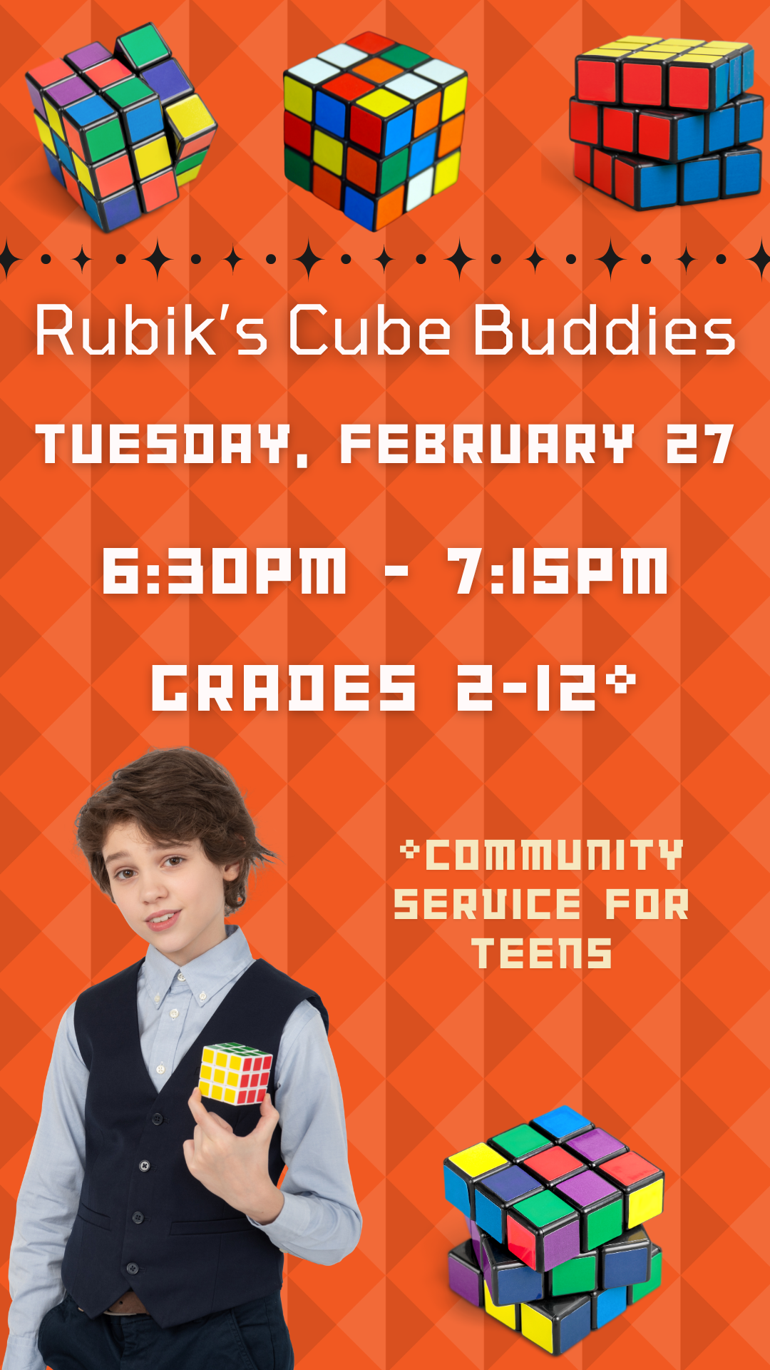 kid holding rubik's cube and program details