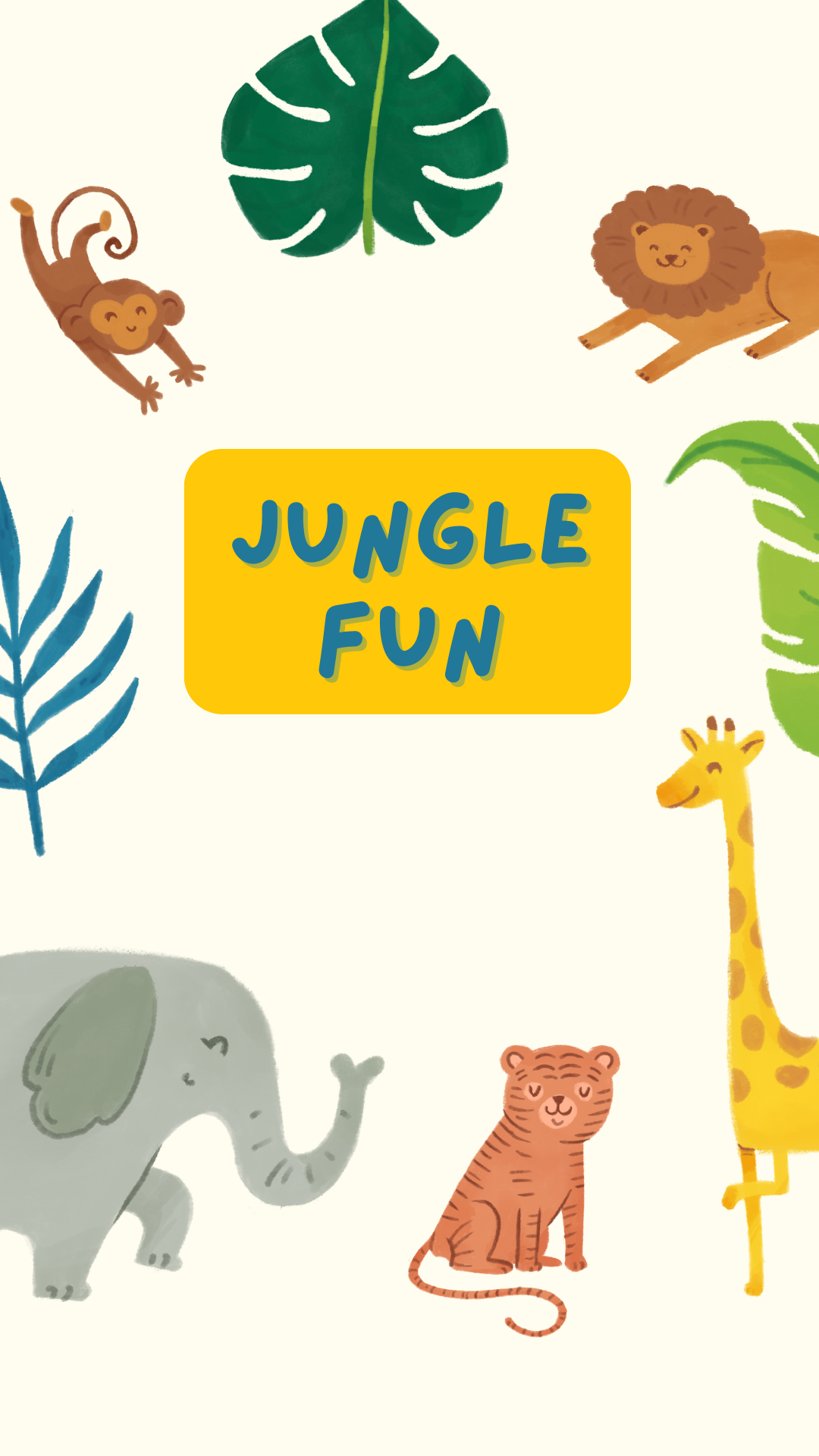White background with images of leaves, a lion, a giraffe, elephant, tiger, and monkey. Blue text reads "Jungle Fun" in a yellow box. 