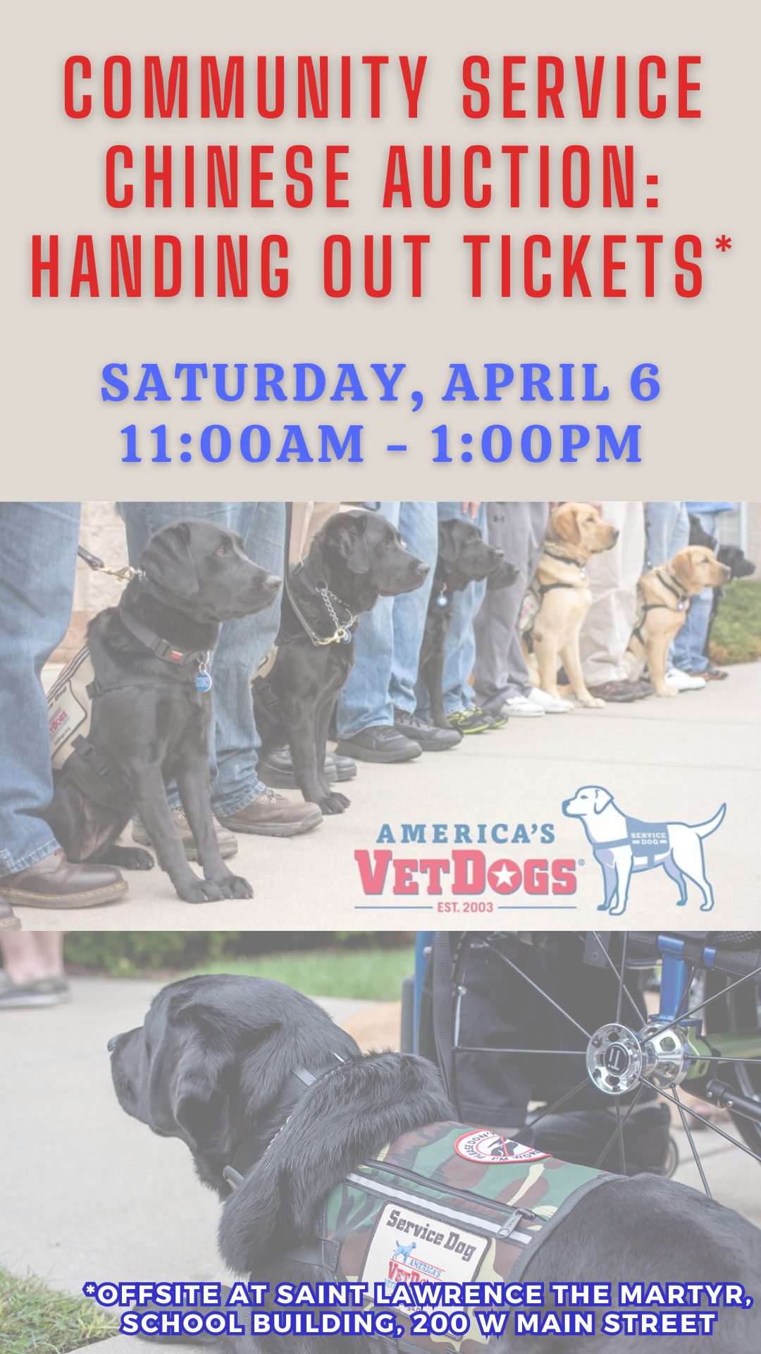 vetdog logo with pictures of black and yellow labs working and program details