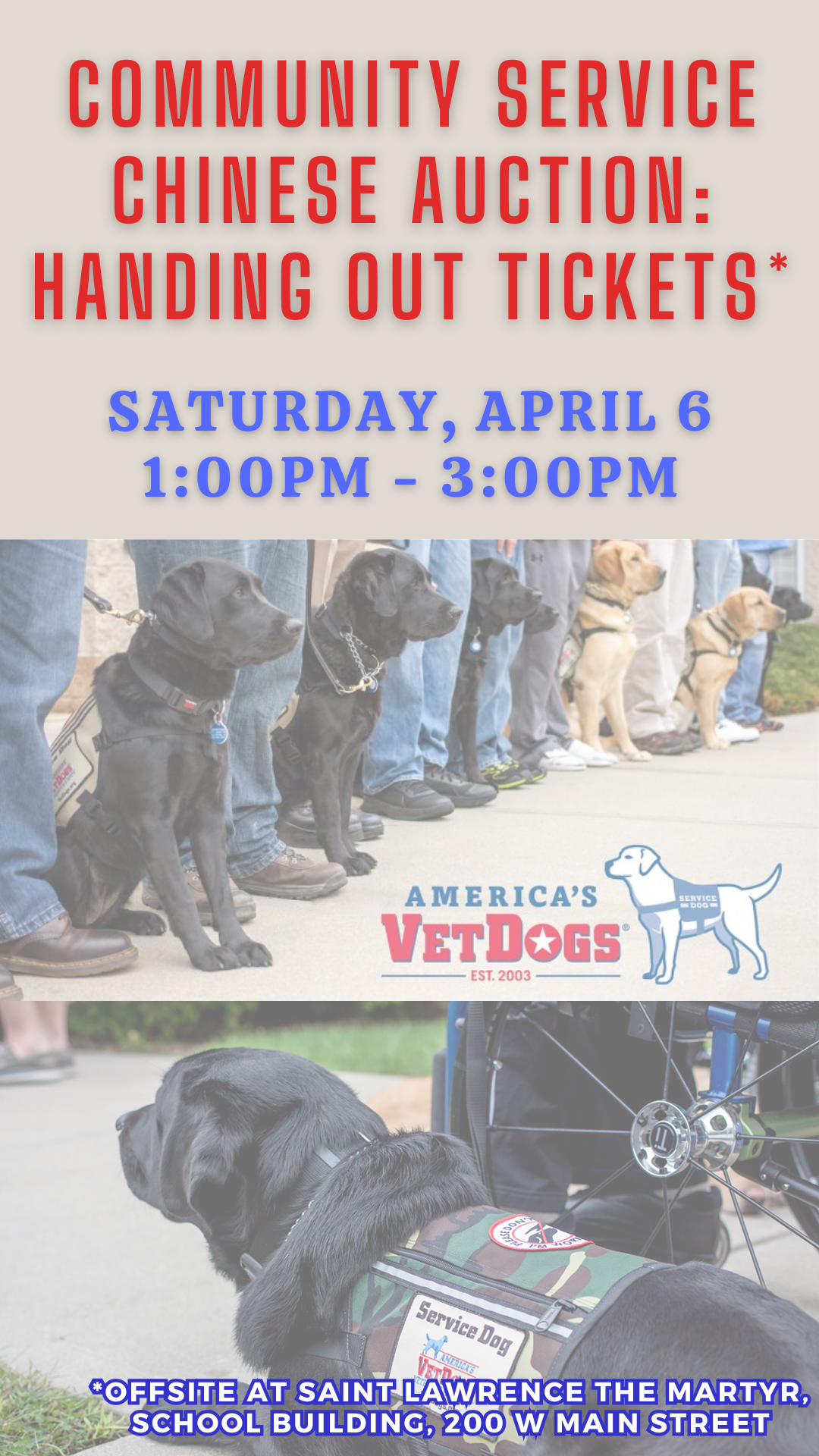 vetdogs logo with pictures of black and yellow labs working and program details