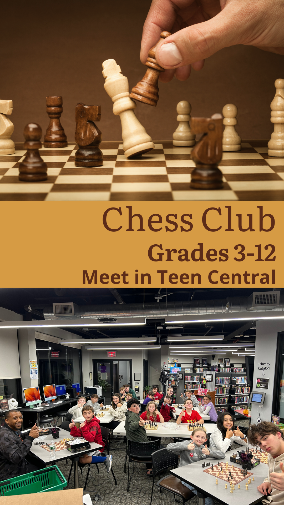 lots of kids playing chess with program details