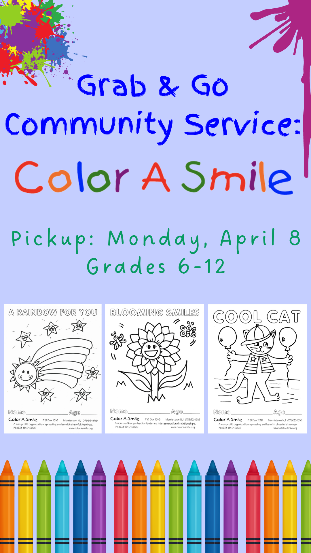 color a smile logo, coloring sheets, crayons, and program details
