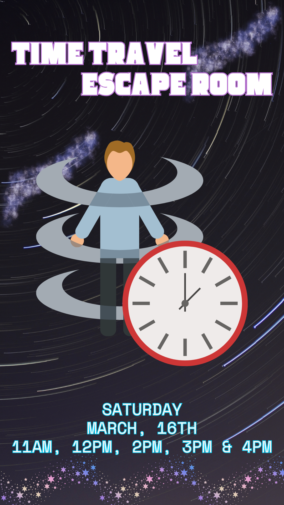 space background with clock and kid in middle and program details