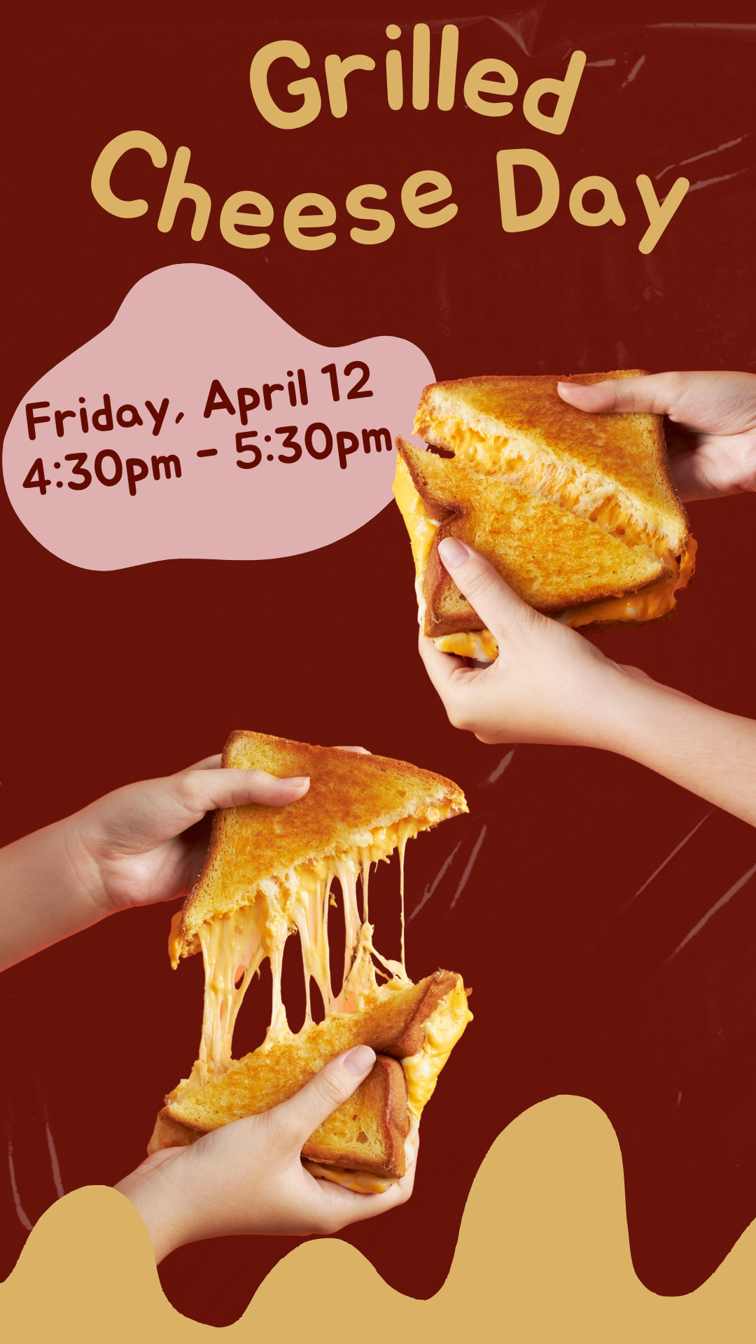 two grilled cheese sandwiches being held in hands and program details
