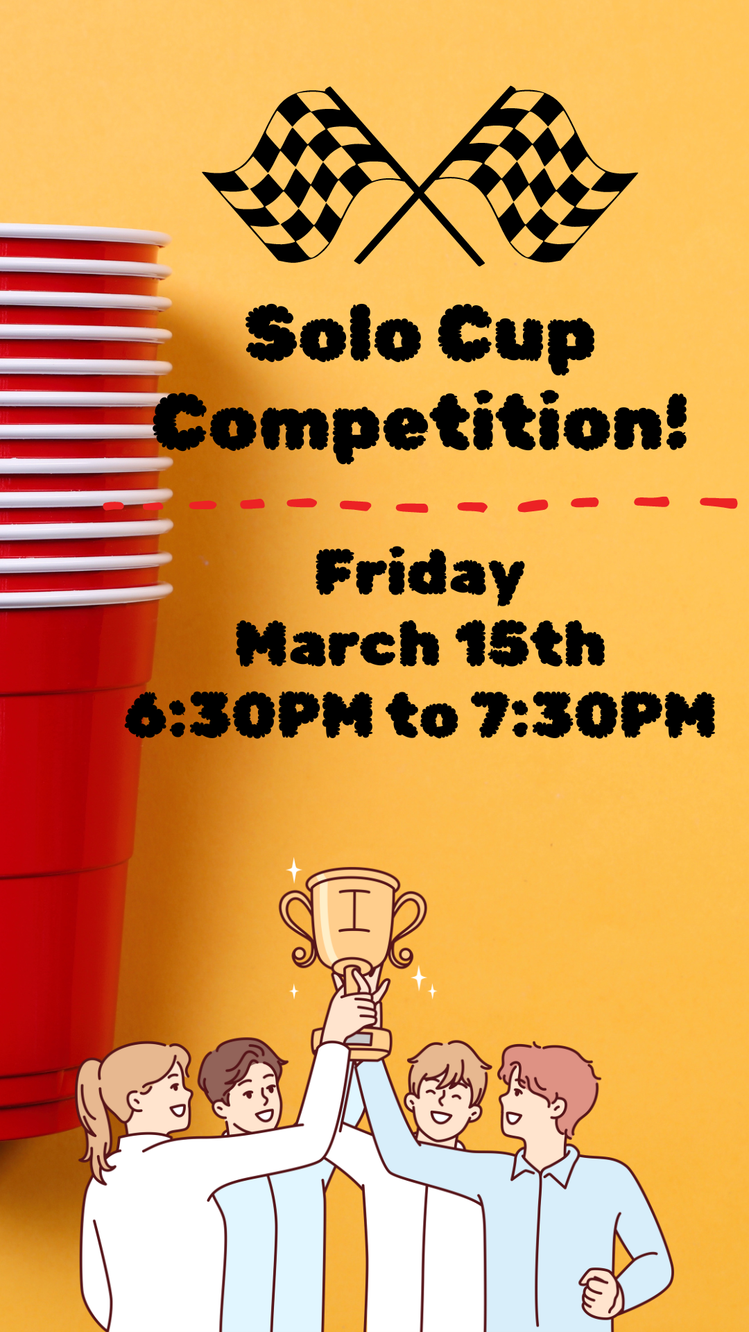 pile of solo cups, four teens holding trophy, and program details