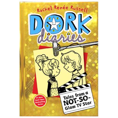 Gold cover with a boy and girl cartoon under a boom mic