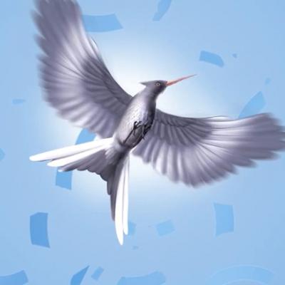 Mockingjay bird on blue cover with author's name, Suzanne Collins