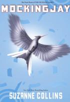 Mockingjay bird on blue cover with author's name, Suzanne Collins