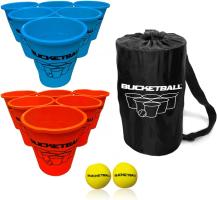 bucketball outdoor game. There are 6 giant blue cups and 6 giant orange cups with two hybrid balls and a storage bag