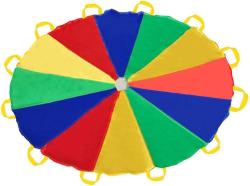 large play parachute in various bright colors with yellow handles
