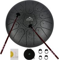 black steel tongue drum with 2 mallets, 4 finger picks, and a carrying case