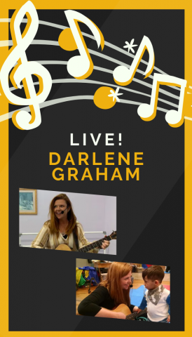 The words Live! Darlene Graham, along with an image of a musical staff along with two pictures of performer Darlene Graham during other shows.