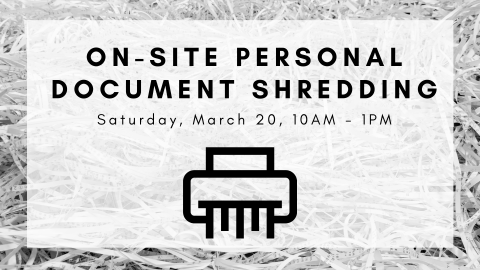 Shreeding documents with the title of the program over top with a graphic image of a shredder under it.