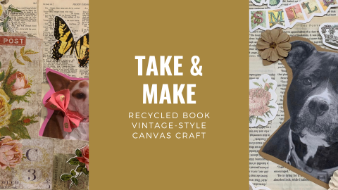 art work made from putting together old recycled book pages and then decorated with images indluding dog photos, butterflies and other scrapbook-type decorations