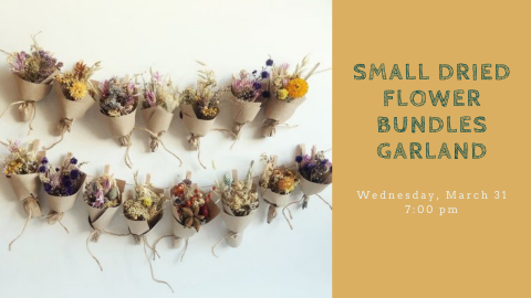 a garland with paper cups strung together using twine and filled with dried flowers.