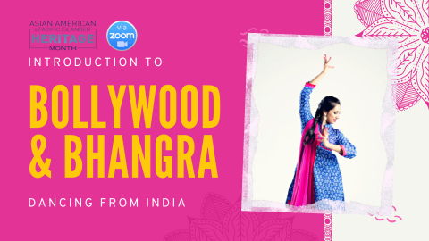 An image of a woman in a sari doing an Indian dance move on a hot pinnk background with yellow lettering bordered with line drawings of lotus flowers