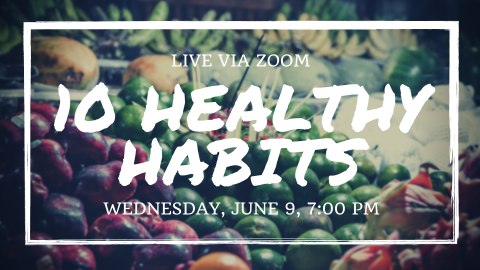 background of assorted fruit and vegetables with the event name, date and time superimposed over top inside a rectangle