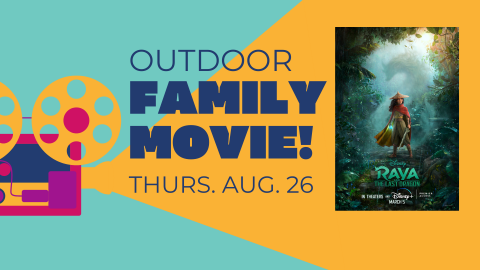 Graphic image an a old-style film projector projecting. Movie poster for Raya and the Last Dragon on the right (where the projector is "projecting")