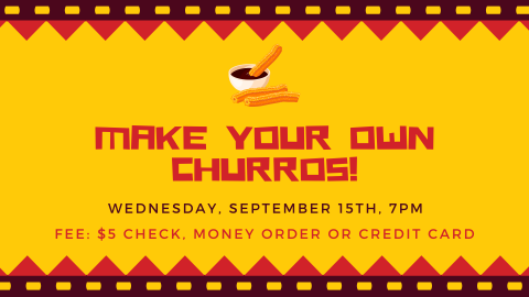 Yellow background with red and dark red squiggles at the top and the bottom, graphic image of churros next to a bowl of sauce, one churro being dipped in the sauce.