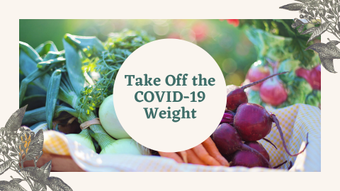 A photograph of a basket of fresh vegetables with graphic images of plants on each corner.