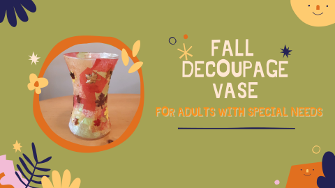 On the right in a round orange border is a photo a a sample of the vase being created. Decorating to borders and colorful leaves.