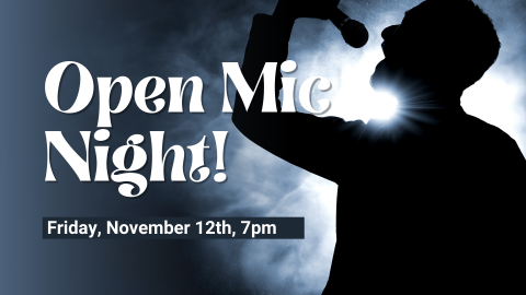 A a silhouette of a man in profile singing into a microphone.