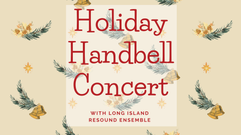 The title of the event, written in red on a background of graphic bells, stars and evergreen garlands