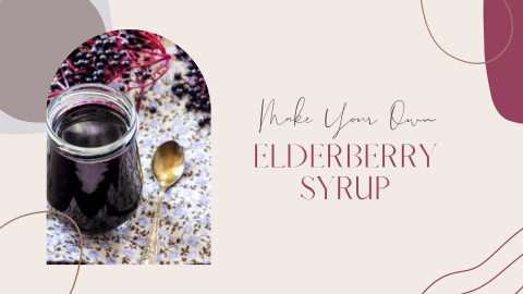 Elderberry syrup in a jar on a table with a spoon next to it and elderberries behind it.