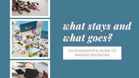 Along the left edge, 3 photos of of piles of things to be organized, on the right, the text of the program