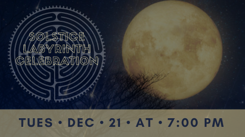 A photograph of the full moon at night with the silhouette of a tree next to it. Superimposed over the tree is a graphic representation of a labyrinth.