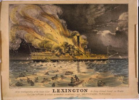 A lithograph of the fire on board the Lexington, by Nathaniel Currier.