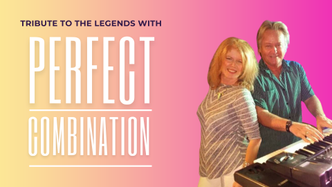 A photograph of the performers: a woman smiling and a man playing a keyboard