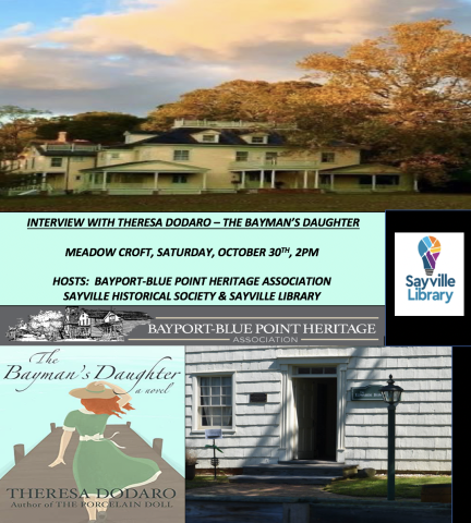 Poster advertising Meadowcroft Bayman's Daughter Author Chat with Theresa Dodaro