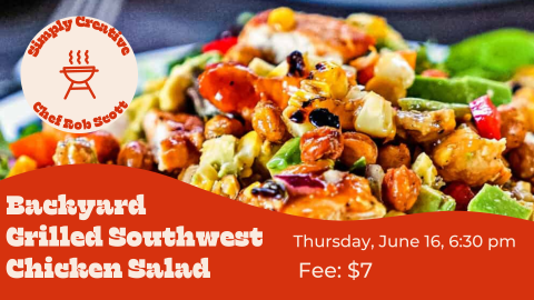 In the background, a close up of a southwest chicken salad. In the upper left hand corner on a half-circle is a line-drawing of a grill.