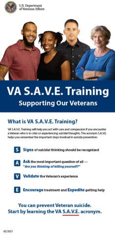 Graphic describing basic points of Veterans S.A.V.E. training.