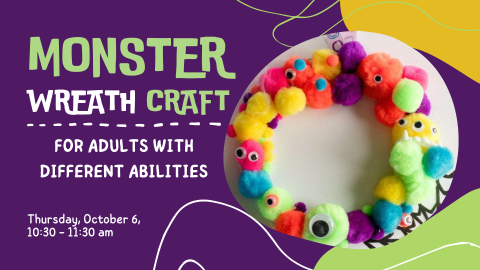 A photo of a sample of the monster wreath craft surrounded by squiggly lines and colorful shapes.