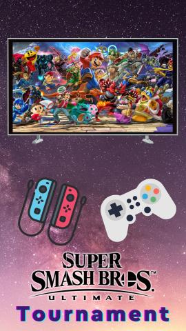 Galaxy background with TV screen showing Super Smash Bros home screen. Game controllers pictured with the text reading "Super Smash Bros Ultimate Tournament" 