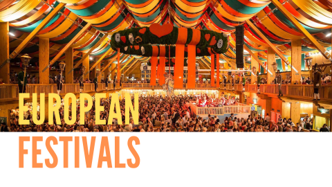 A colorful festival tent full of people
